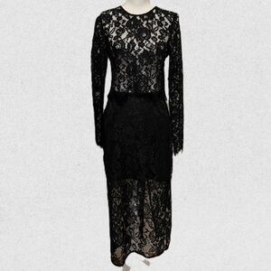 Jason Wu Black Lace Two-Piece Set | Long Sleeve Crop Top + Midi Skirt | Size 10
